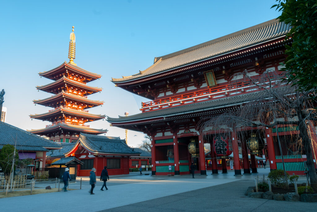 hozomon gate and five storied pagoda of senso ji asakusa kannon temple in tokyo, japan